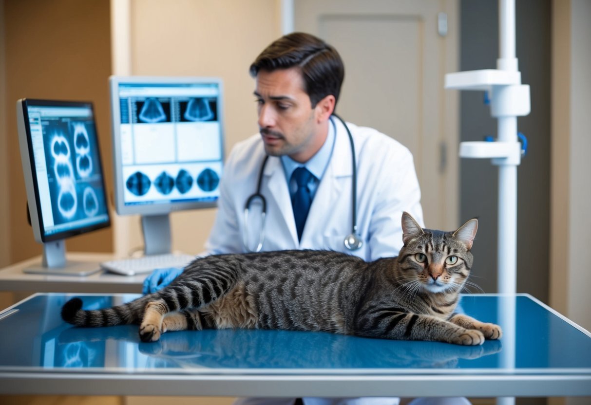 Veterinarian examining a cat on a table with x-ray images on computer screens