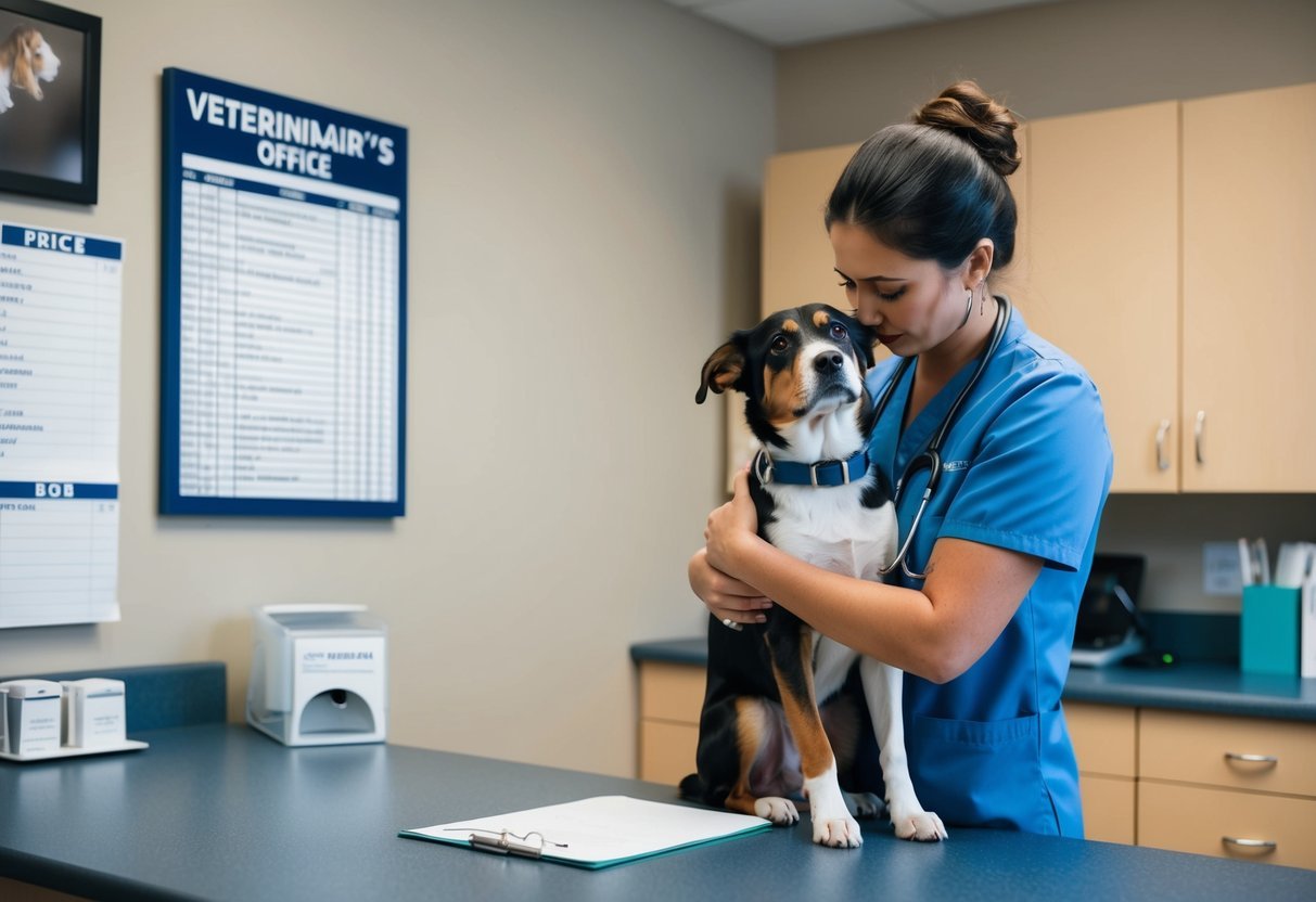 A veterinarian's office with a price list displayed, a grieving owner holding their dog, and a somber atmosphere
