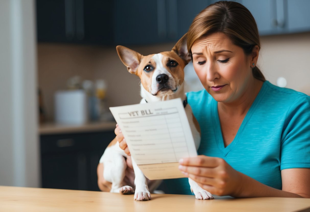 A tearful owner holding a sick dog while looking at a hefty vet bill