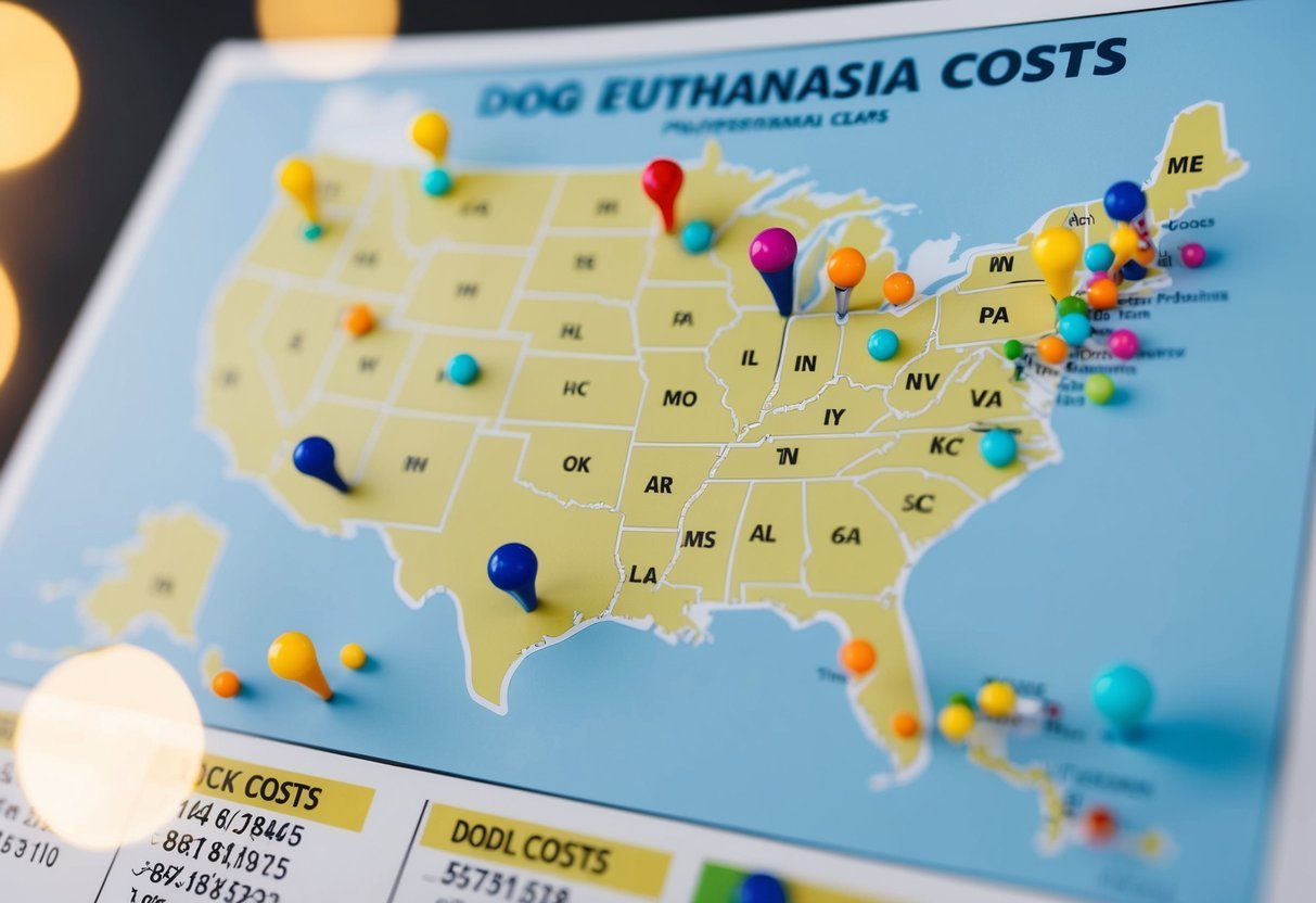 A map of the United States with different colored pins marking various locations, each representing different dog euthanasia costs