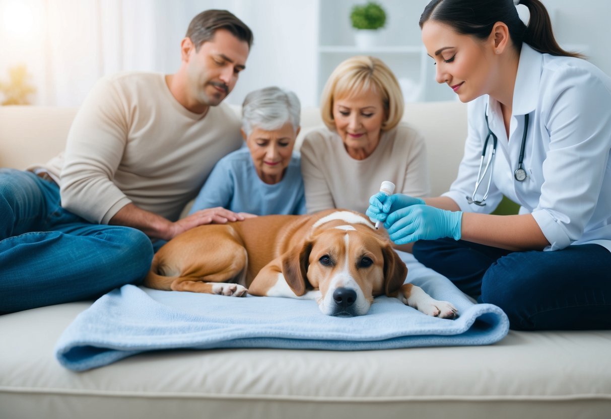 A dog lying peacefully on a soft blanket, surrounded by loving family members, with a compassionate veterinarian gently administering euthanasia medication