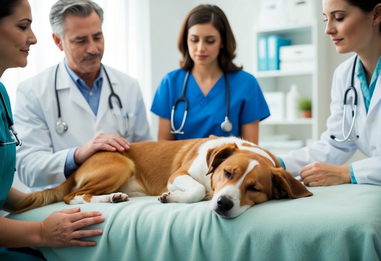 A somber scene of a dog lying peacefully on a soft blanket, surrounded by loving owners and a compassionate veterinarian