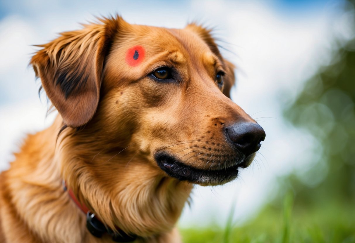 A dog's fur with a subtle red rash and five tick bite signs on its skin