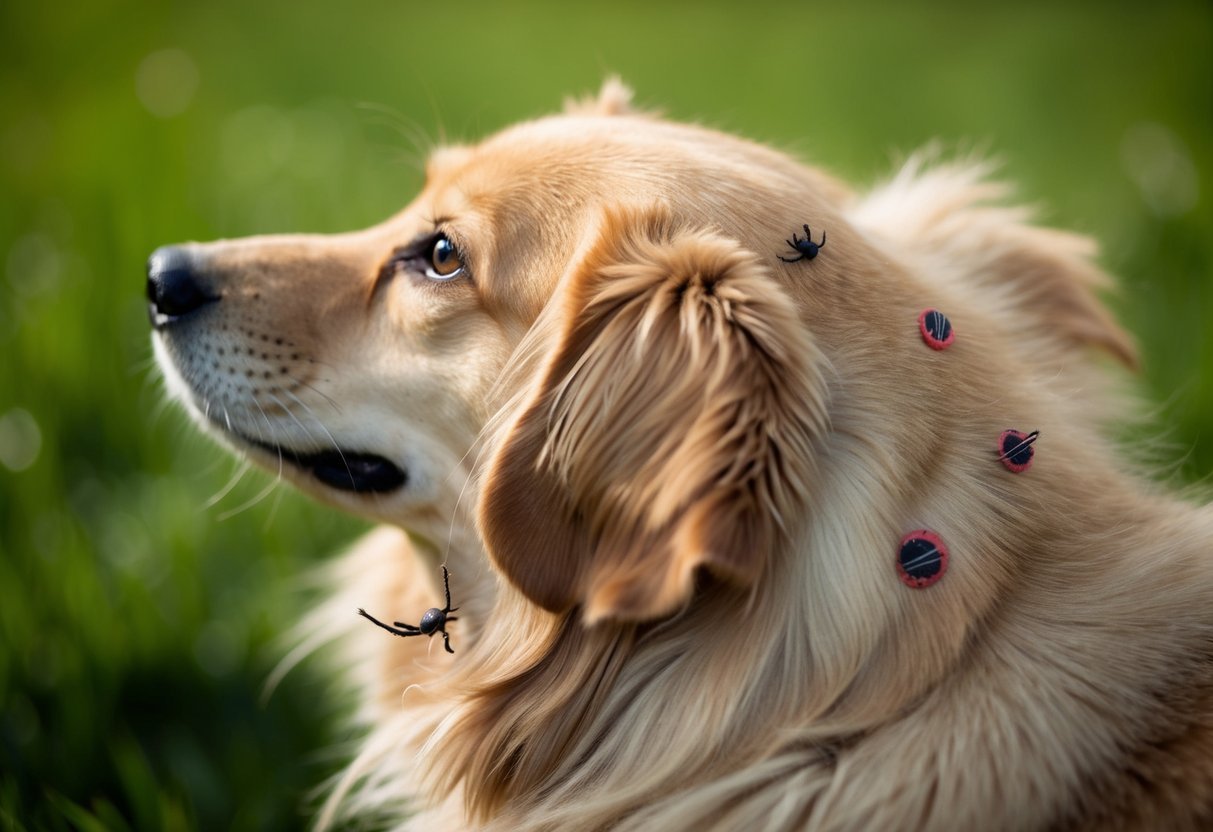 A close-up of a dog's fur with tiny black dots and red tick bite signs scattered throughout