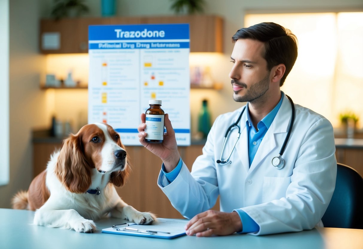 A veterinarian holding a bottle of trazodone, gesturing to a chart of potential drug interactions while a dog looks on attentively