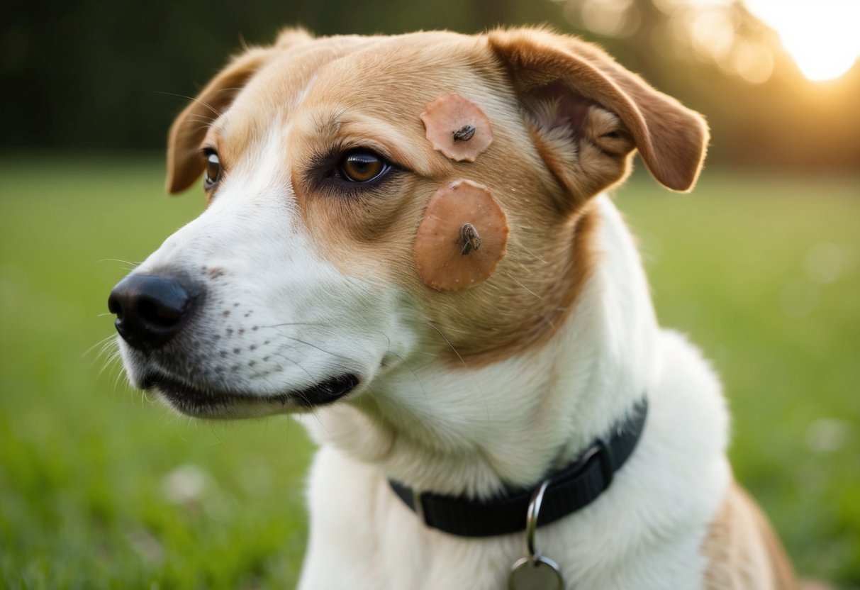 A dog with unusual scabs on its skin, showing signs of tick bites