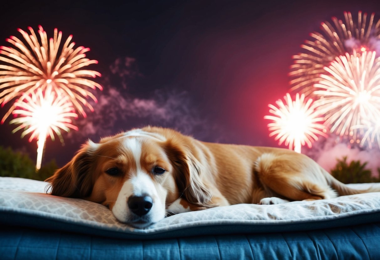 A dog resting peacefully on a cozy bed while fireworks explode outside