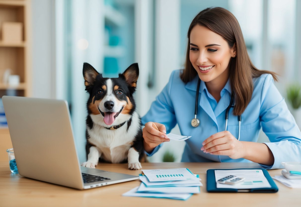 A happy pet owner organizing pet healthcare finances with a variety of cost-saving methods