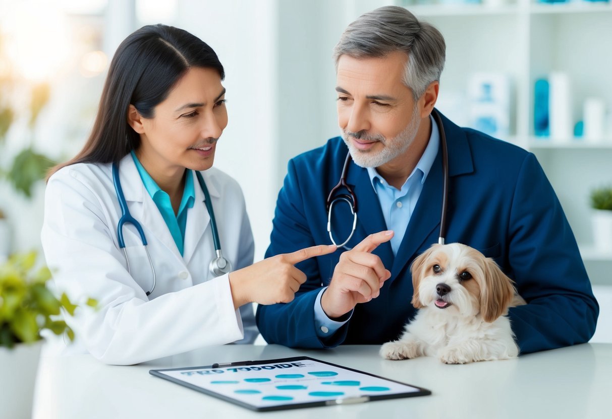 A veterinarian discussing Trazodone with a pet owner, pointing to a chart of benefits and considerations