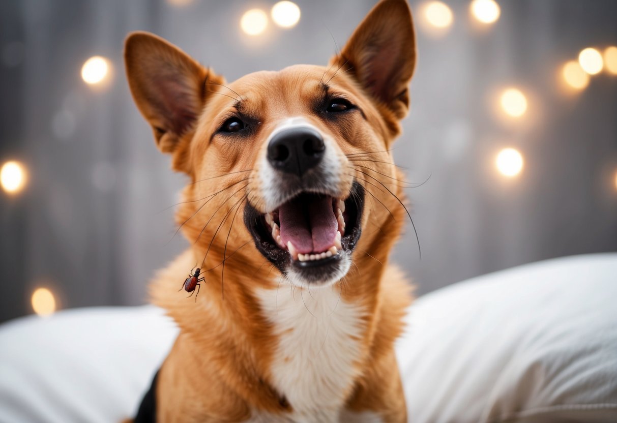 A dog scratching furiously while a small tick is barely visible on its skin, surrounded by redness and irritation