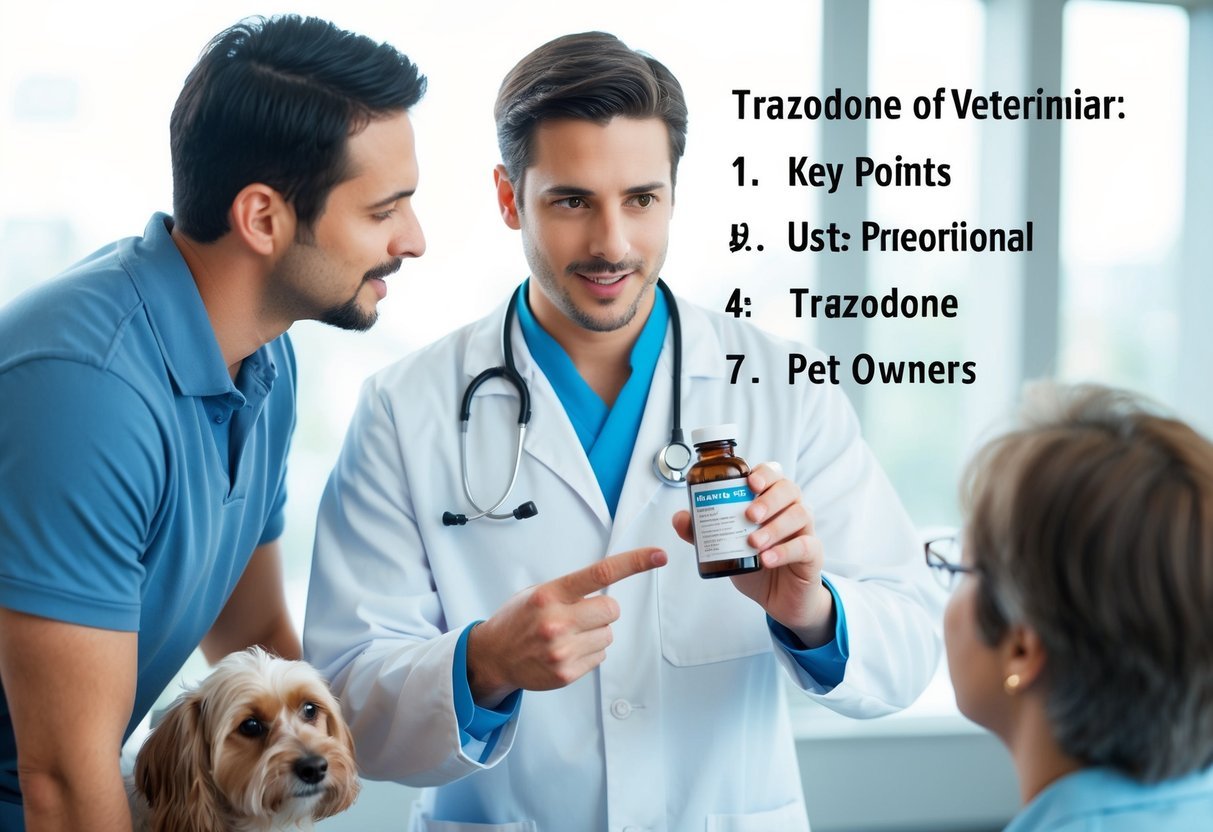 A veterinarian holding a bottle of Trazodone, gesturing towards a list of 7 key points.</p><p>The vet is speaking to a pet owner, who is listening attentively