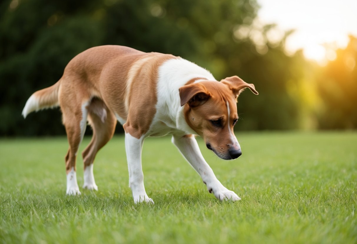 A dog limping while favoring one leg, showing signs of hip dysplasia