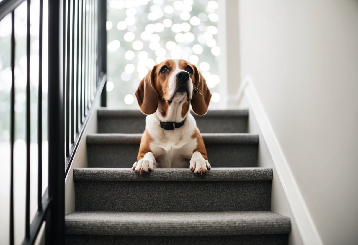 A dog hesitates at the bottom of a flight of stairs, looking up with a worried expression