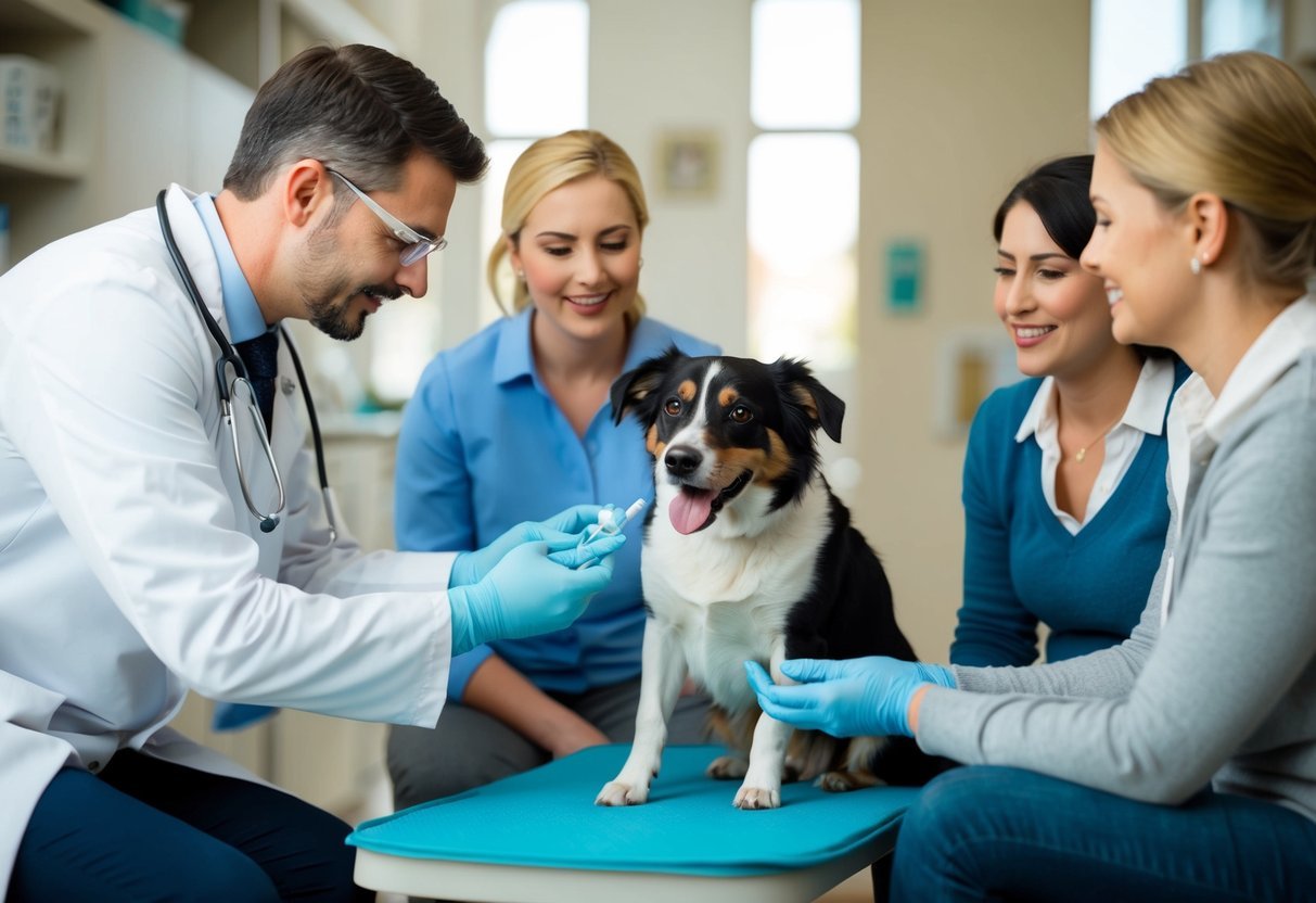 A veterinarian administering Metronidazole to a sick dog, surrounded by concerned pet owners and a hopeful, wagging tail