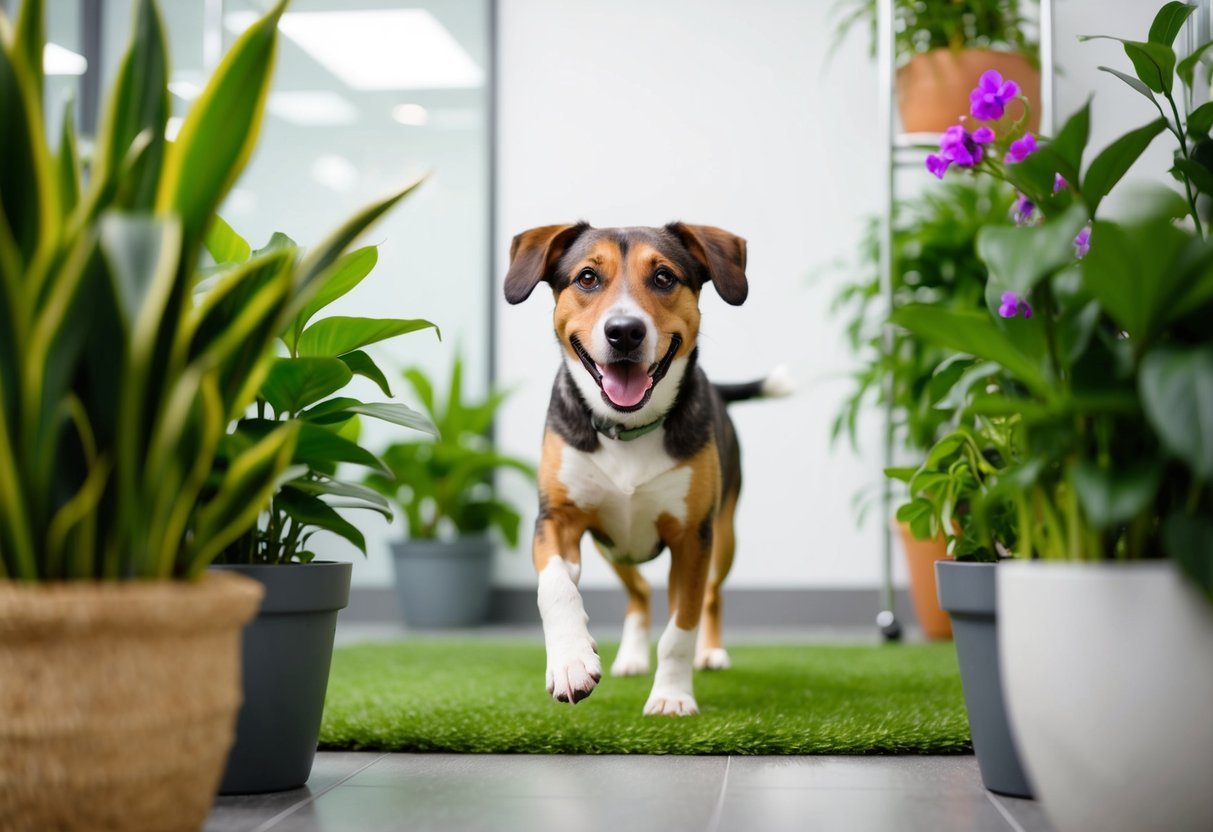 A happy dog playing in a clean, bacteria-free environment, surrounded by vibrant and healthy plants