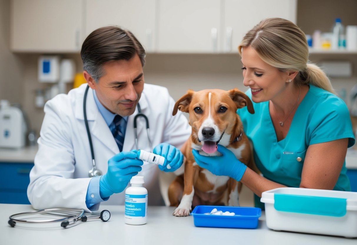 A veterinarian administering metronidazole to a sick dog, surrounded by medical equipment and a caring owner