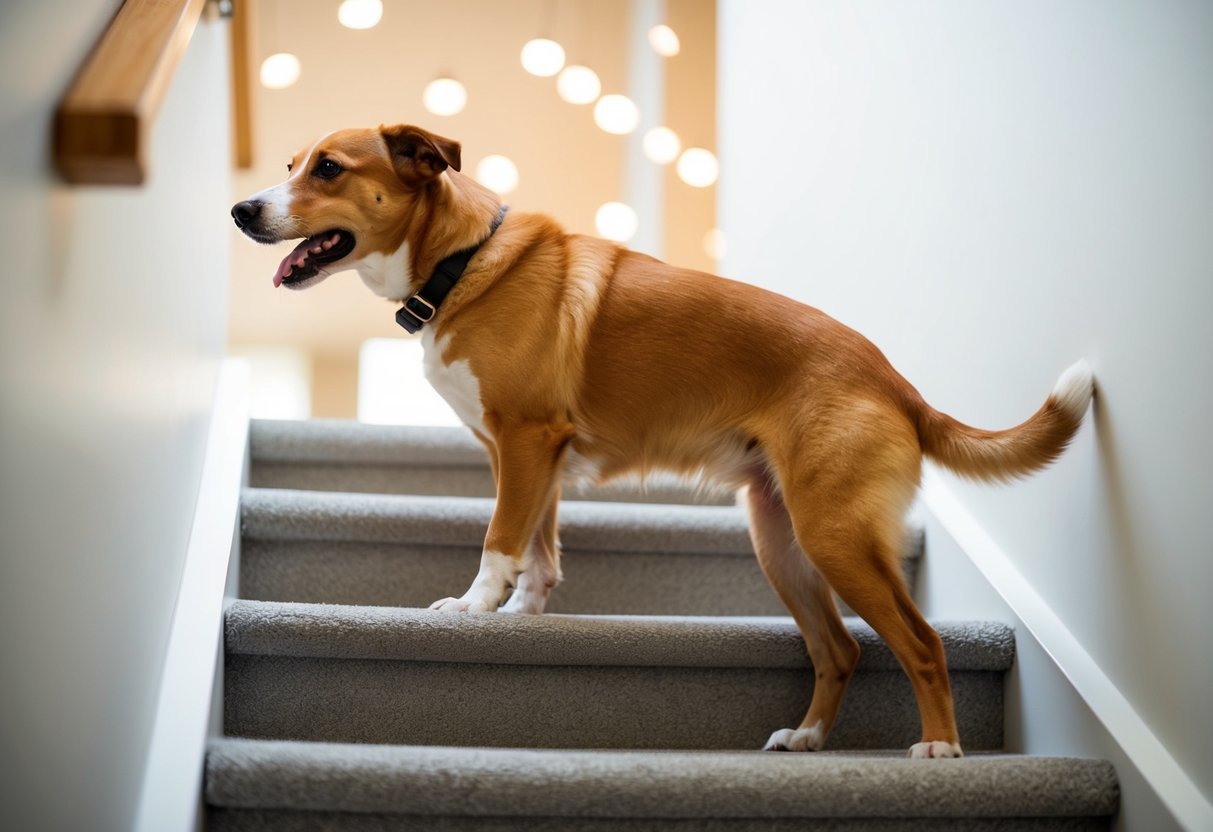 A dog limping while trying to stand up, with a noticeable struggle to walk or climb stairs