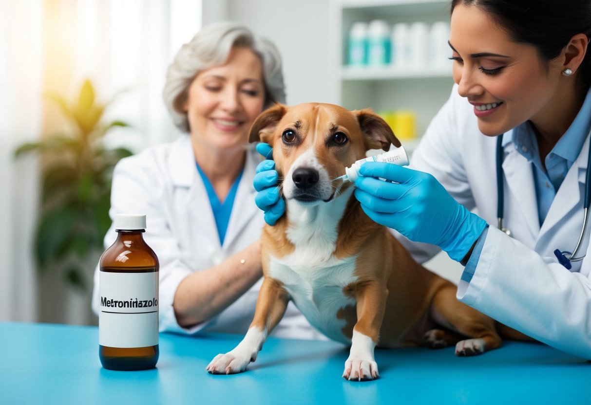 A vet administering metronidazole to a sick dog, with a bottle of the medication and a grateful owner in the background