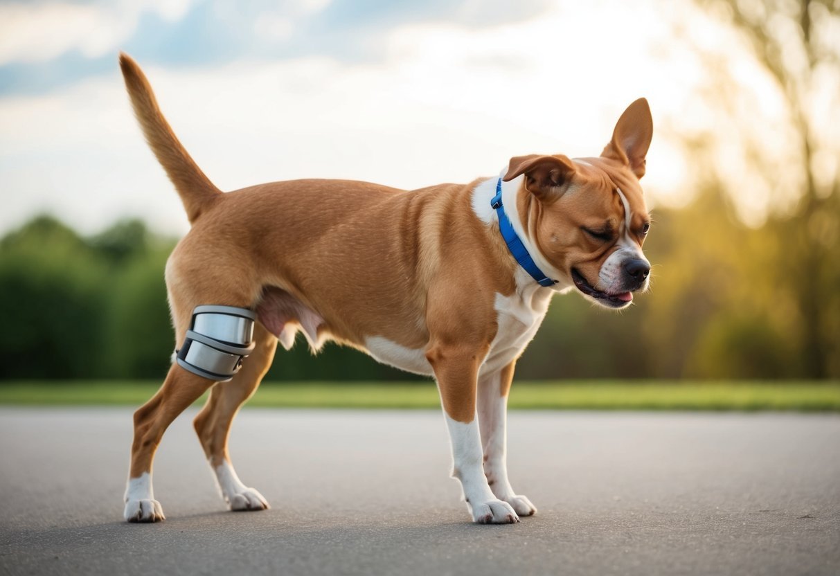 A dog with a sad expression struggles to stand up, favoring one hind leg.</p><p>The dog's hip bones appear misaligned, causing discomfort and difficulty moving