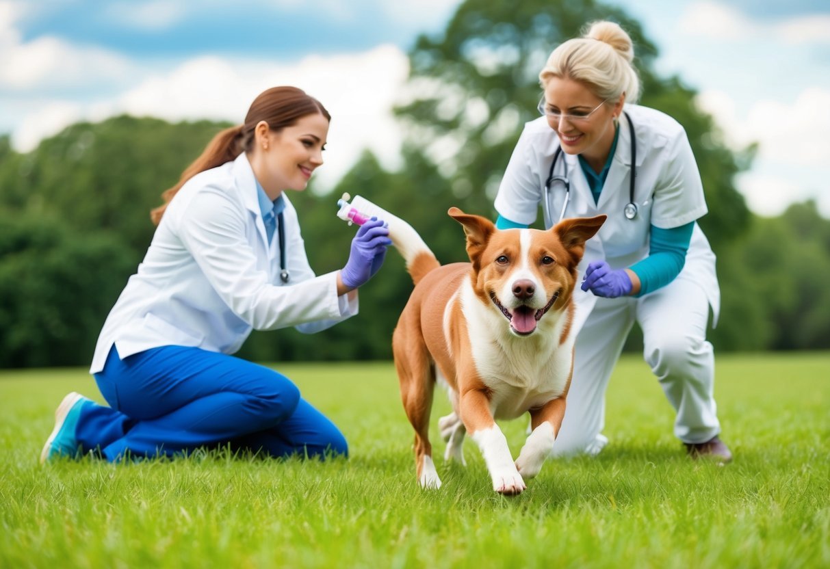 A happy dog running and playing in a green field, with a veterinarian administering medication and the dog's owner looking on with relief