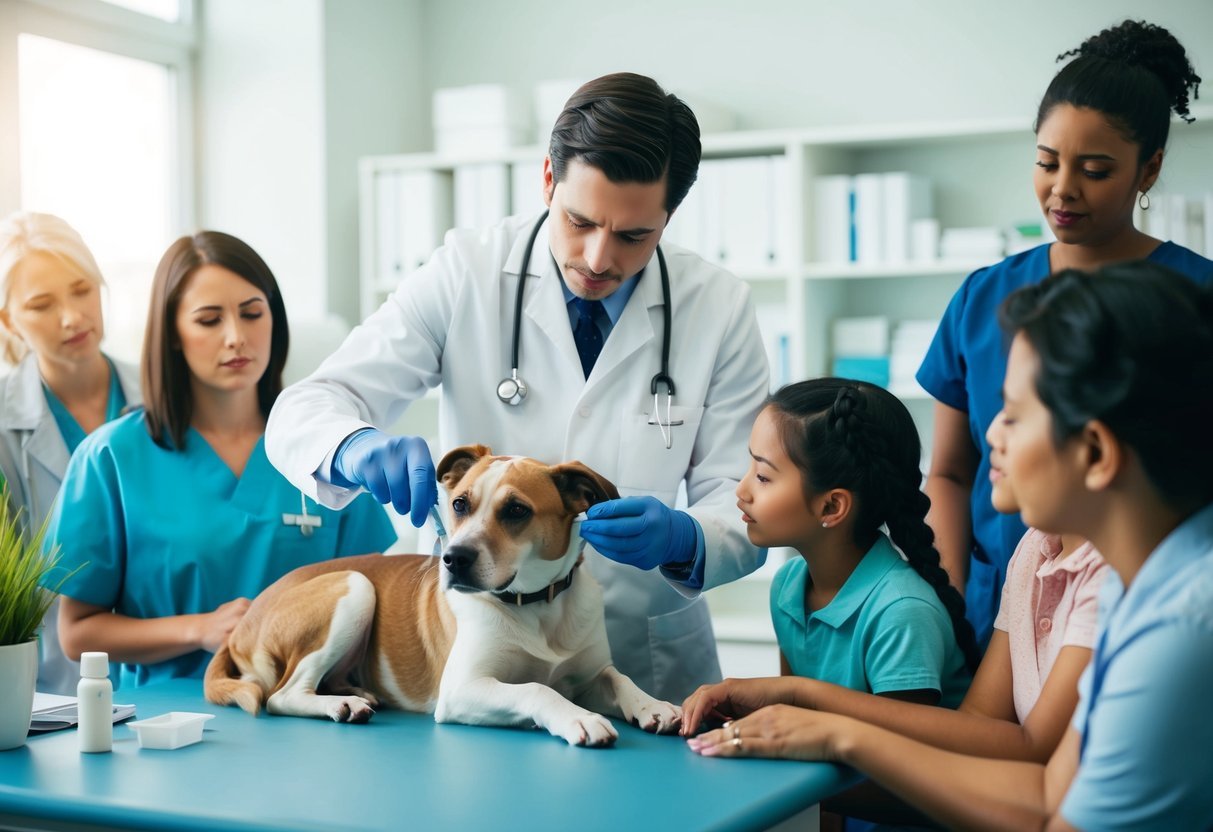 A veterinarian administering metronidazole to a sick dog, surrounded by concerned pet owners in a busy clinic