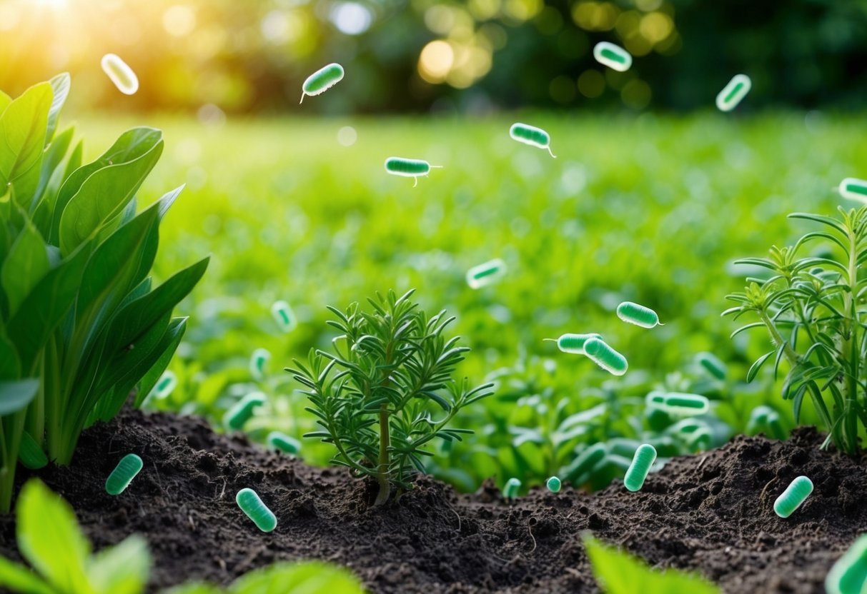 A lush green yard with nematodes released into the soil, surrounded by natural flea-repelling plants and herbs