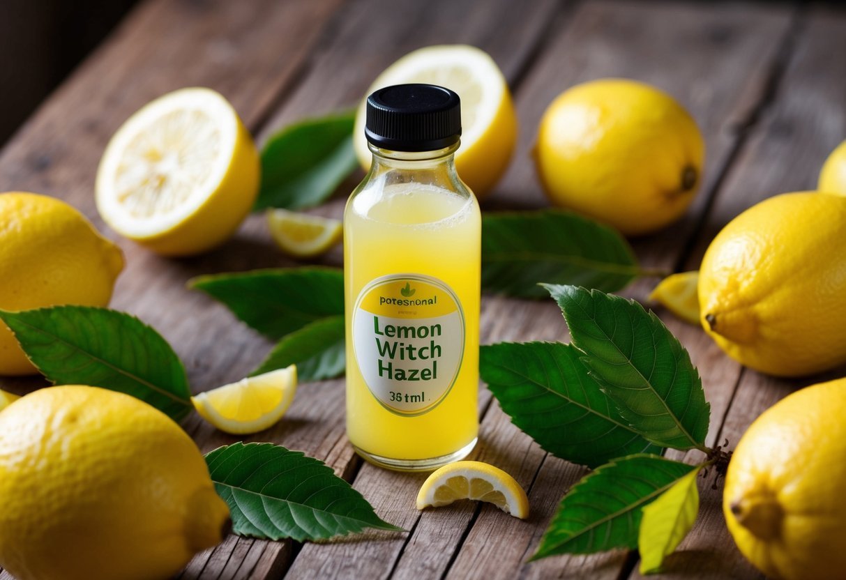 A small bottle of lemon juice and witch hazel sitting on a wooden table surrounded by fresh lemons and witch hazel leaves