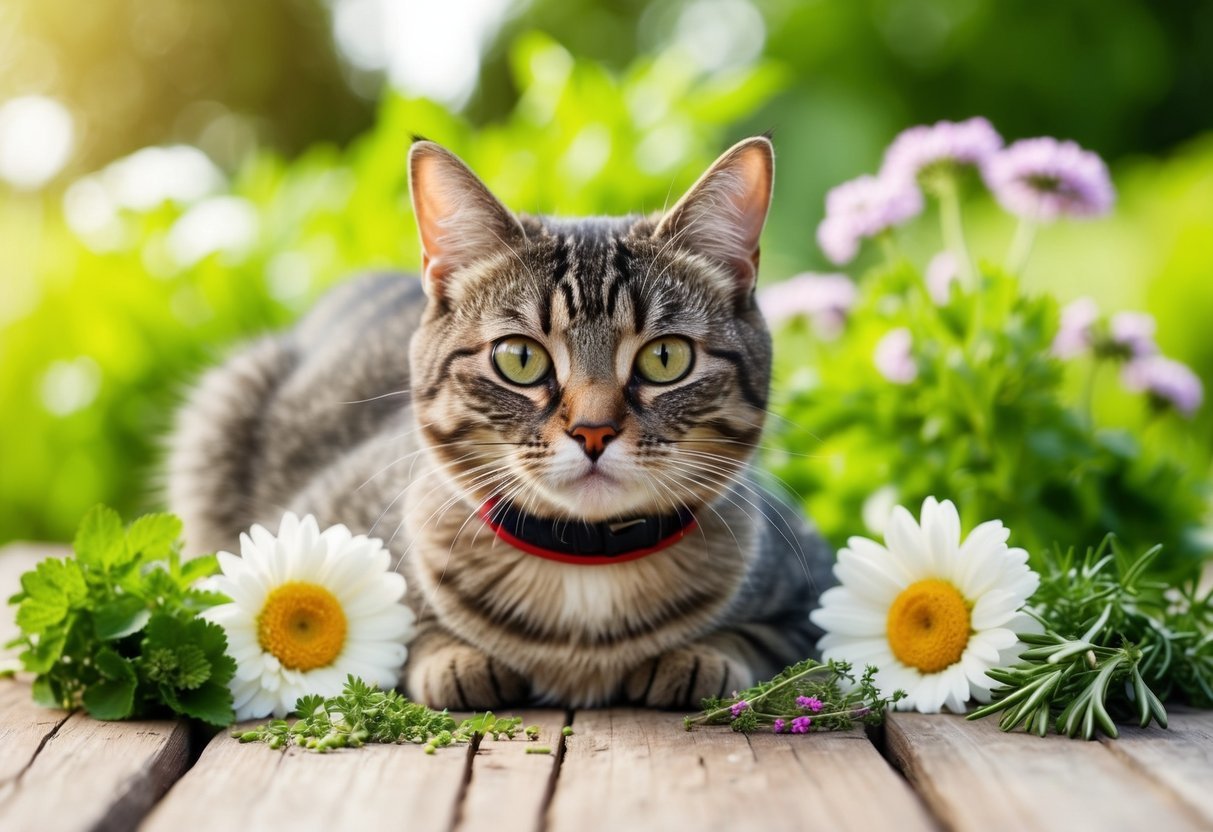 A cat wearing a herbal flea collar surrounded by fresh herbs and flowers