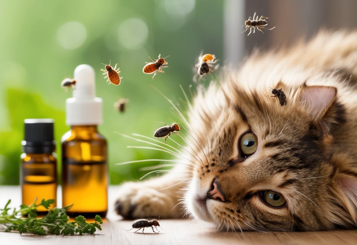 A group of fleas jumping and moving around on a furry pet, with natural remedies like herbs and essential oils nearby