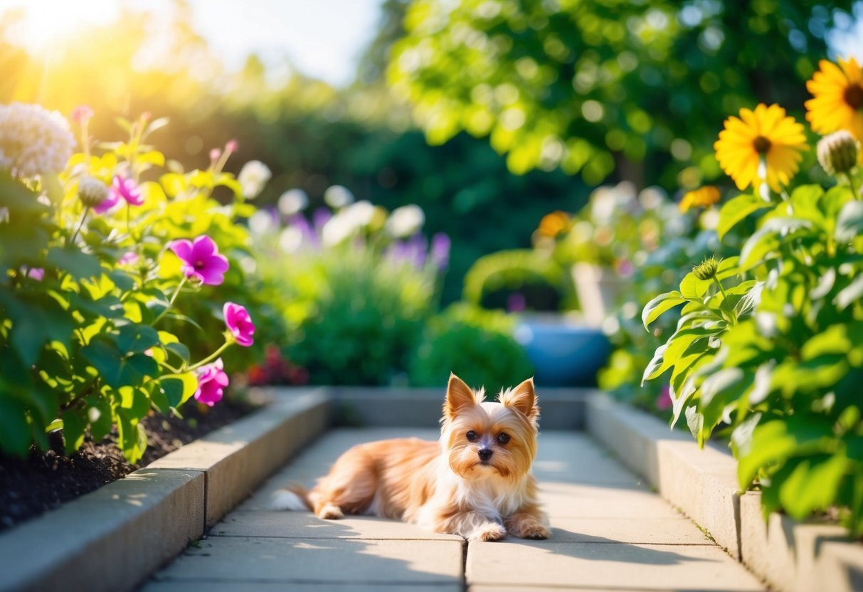 A serene, sunlit garden with blooming flowers and lush greenery.</p><p>A small dog or cat lounges peacefully, free from fleas