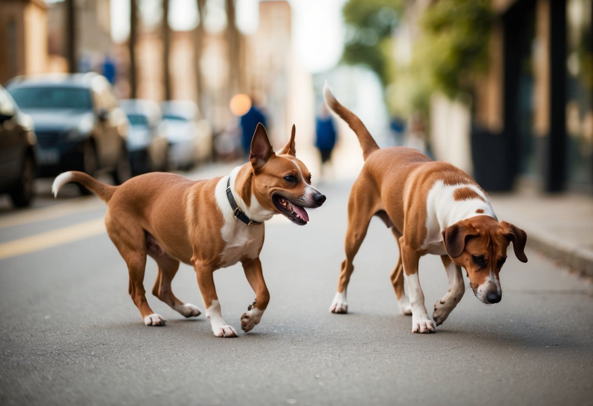 Two brown and white dogs walking on a city street