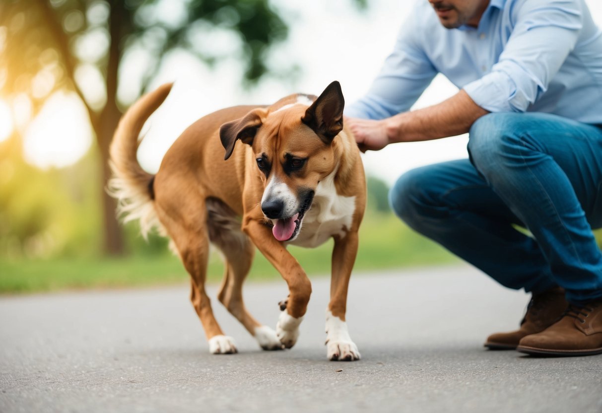 A dog struggling to walk, dragging its rear legs, with a concerned owner looking on