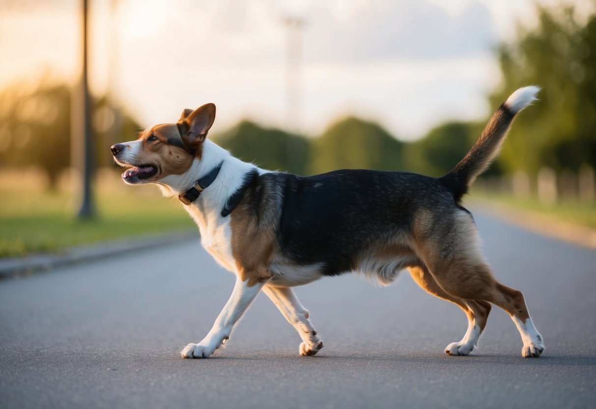 A dog struggling to walk, with stiff and awkward movements, showing signs of discomfort and distress