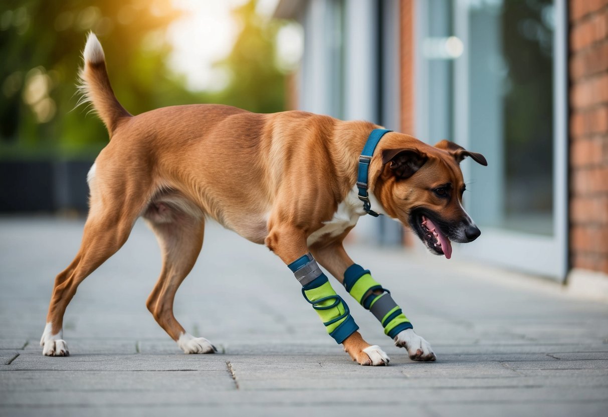A dog struggling to walk with twisted limbs, dragging hind legs, and wobbly gait, while showing signs of distress and discomfort