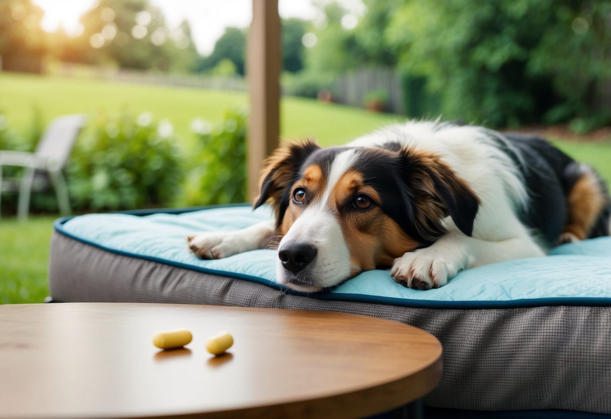 A dog lying on a cozy bed, surrounded by a serene backyard landscape, while a heartworm prevention pill sits untouched on the table