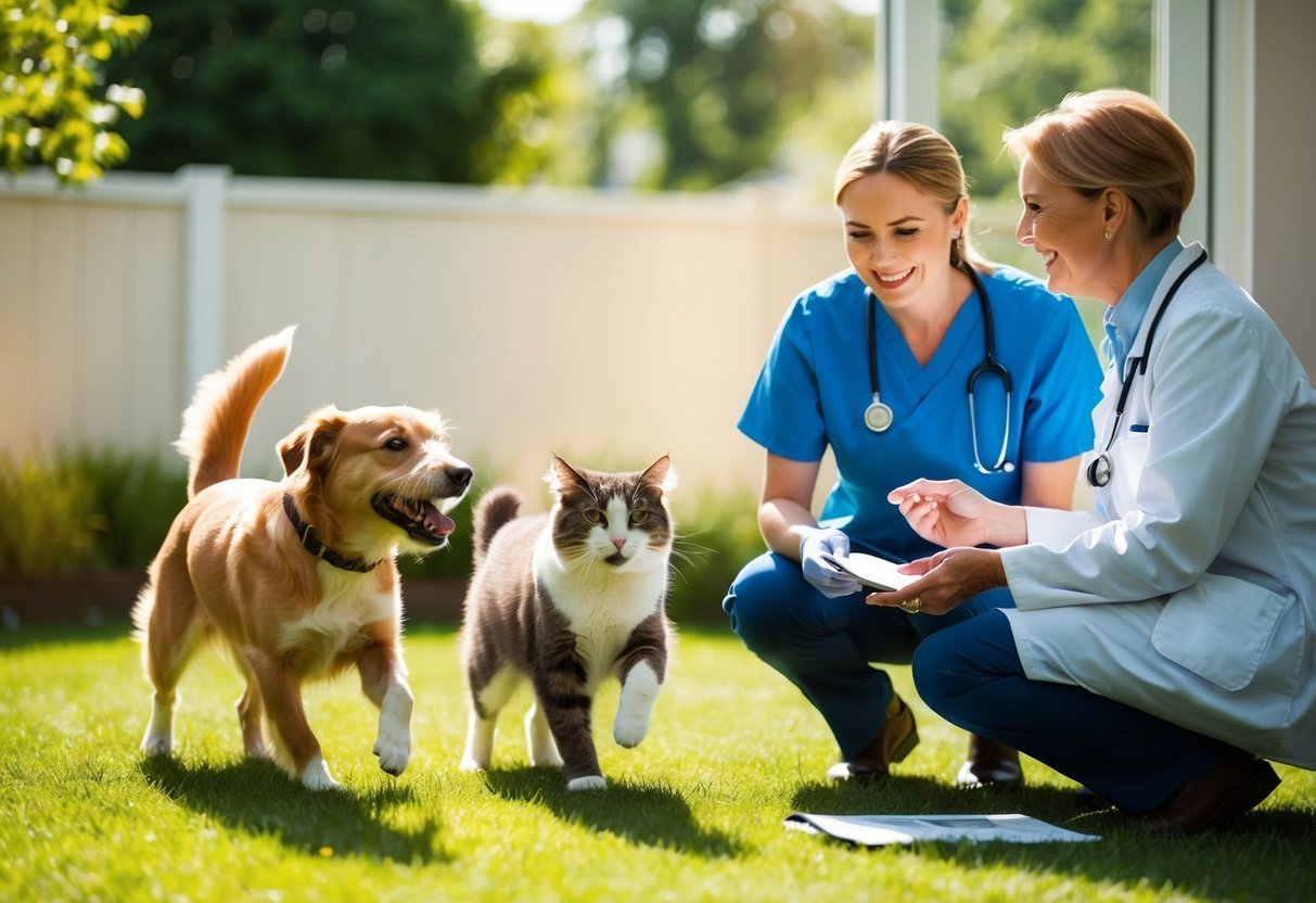Two vets with a dog and cat on a grassy lawn