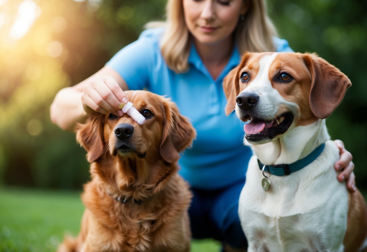 A dog owner holding a heartworm prevention pill, but only giving a partial dose, with a concerned dog nearby