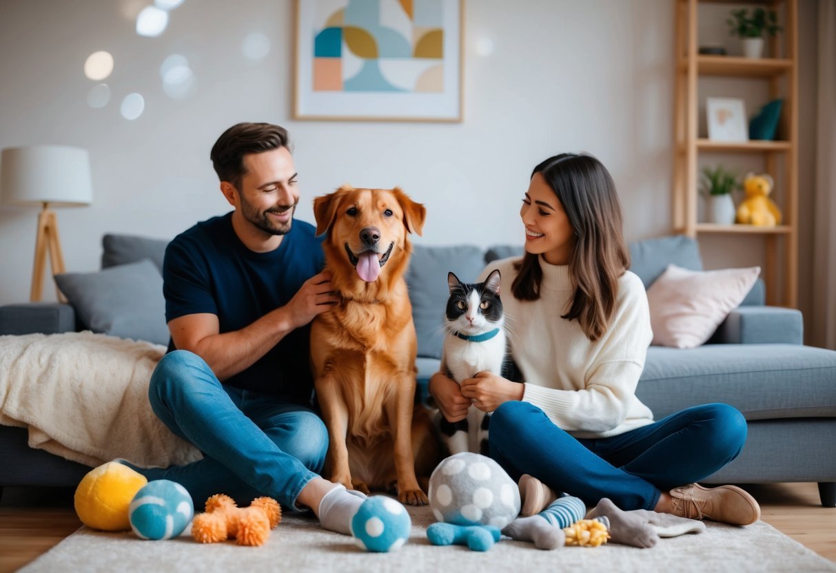 A happy dog and cat sitting with their owner in a cozy living room, surrounded by comforting pet toys and blankets