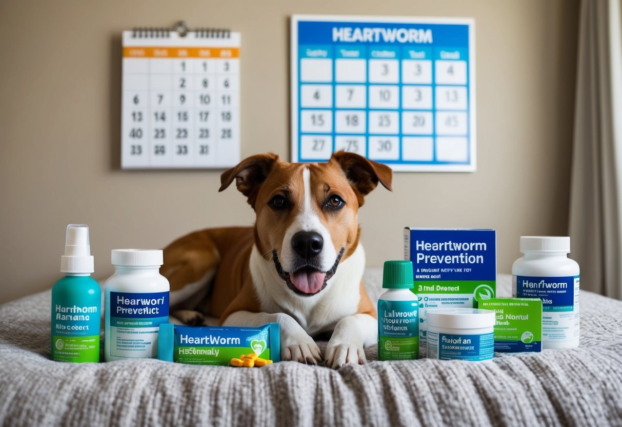 A dog lying on a cozy bed, surrounded by various heartworm prevention products like pills, chewables, and topical treatments.</p><p>A calendar on the wall shows regular monthly doses