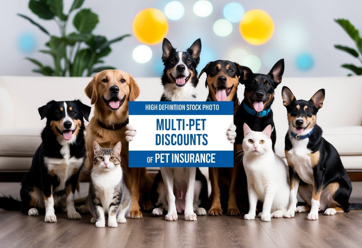 A happy group of pets of different species, including a dog, cat, and bird, gathered around a sign advertising "Multi-Pet Discounts" and "4 Amazing Benefits of Pet Insurance."
