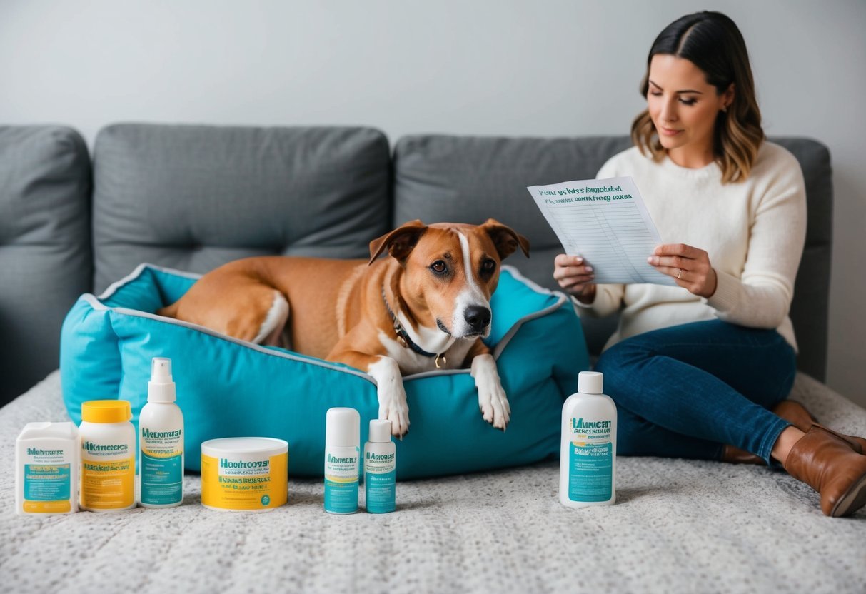 A dog lying on a cozy bed, surrounded by heartworm prevention products and a concerned owner reading a list of common mistakes