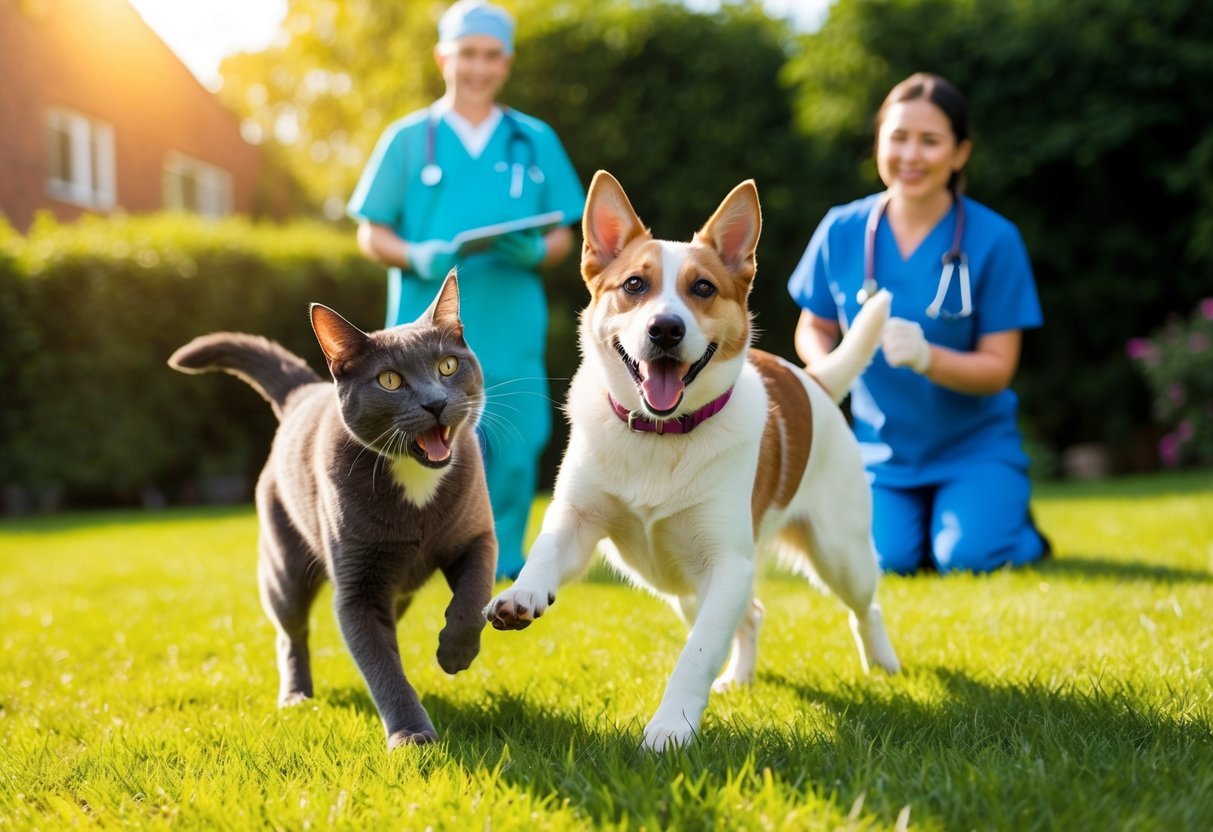 A happy dog and cat playing together in a sunny, grassy backyard, with a smiling veterinarian in the background