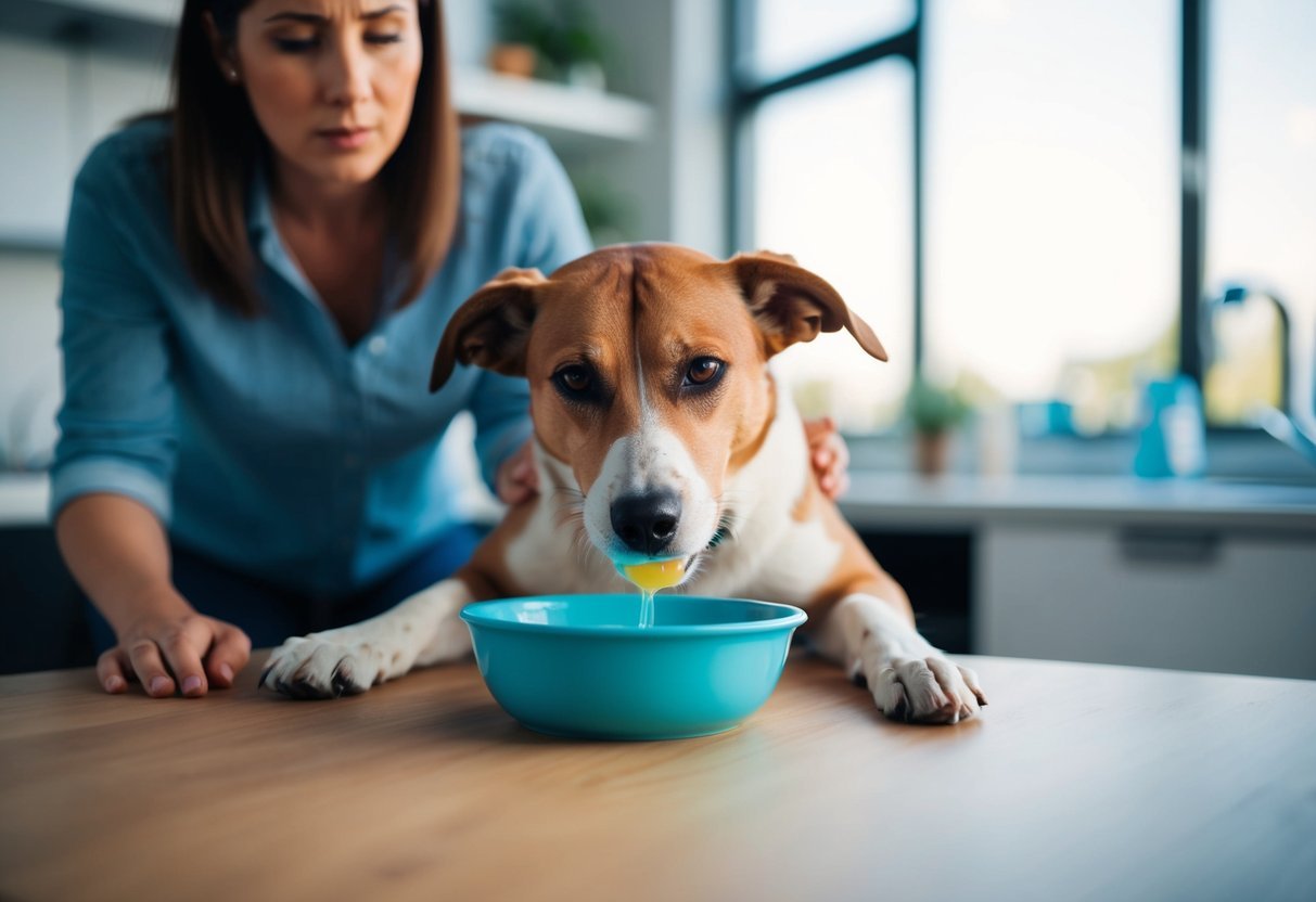 A dog lapping up Pedialyte from a bowl, with a concerned owner looking on