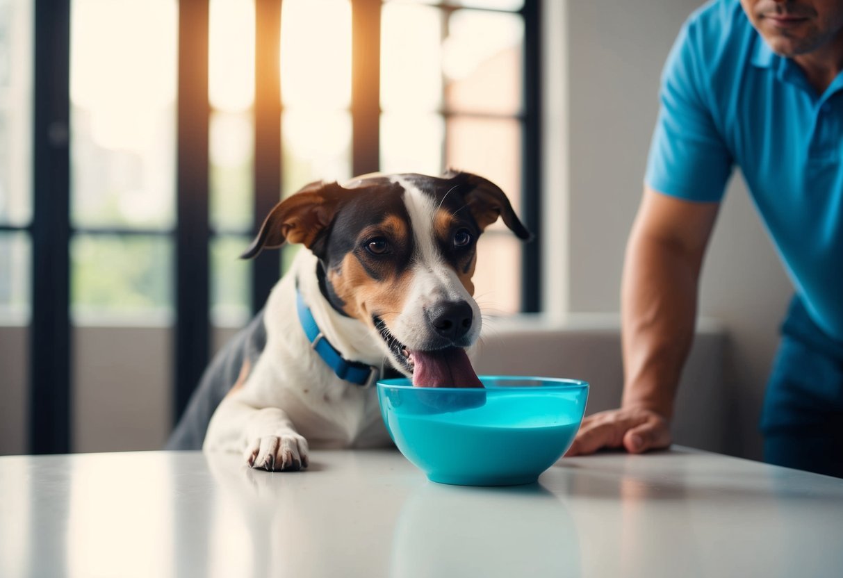 A dog lapping up Pedialyte from a bowl, while a concerned owner looks on