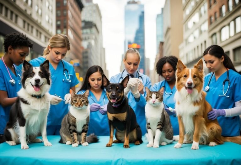 Veterinarians examining dogs and cats on a table in a city setting
