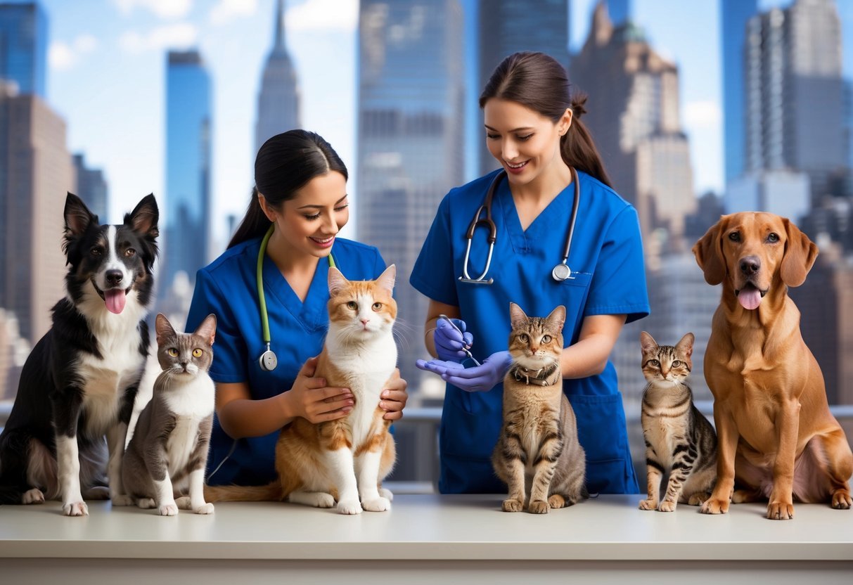 A diverse group of pets, including dogs, cats, birds, and reptiles, are shown receiving specialized care and attention in various New York City settings