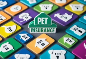 Pet Insurance" sign surrounded by colorful tiles with pet-related icons