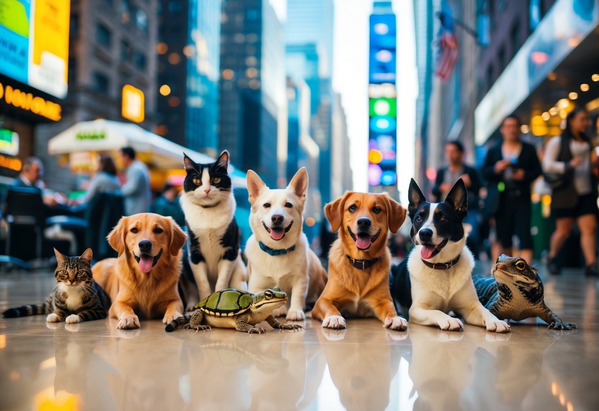 A diverse group of pets, including cats, dogs, birds, and reptiles, are happily playing and lounging in a bustling New York City setting