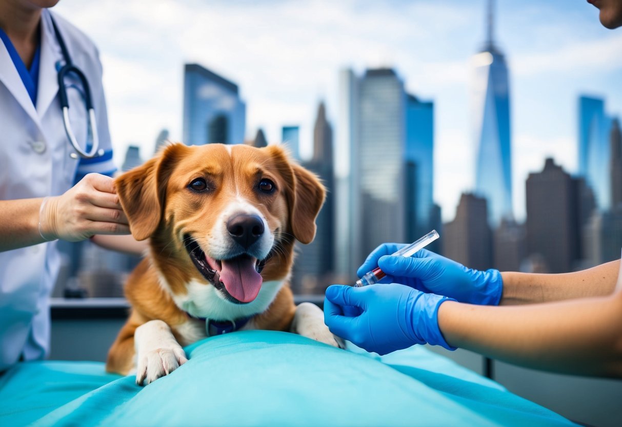 A happy dog with a wagging tail receiving quick and efficient medical care, while a New York skyline looms in the background