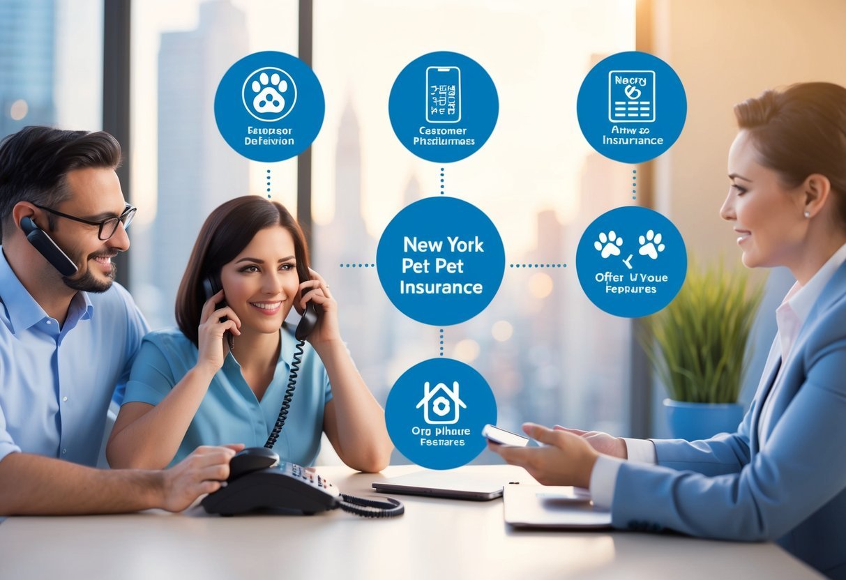 A customer service representative assists a pet owner over the phone, surrounded by icons representing the six unique features of New York pet insurance